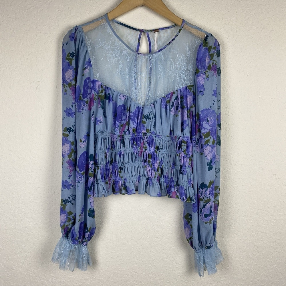 Free People Light Blue Floral Lace Smocked Long Sleeve Blouse